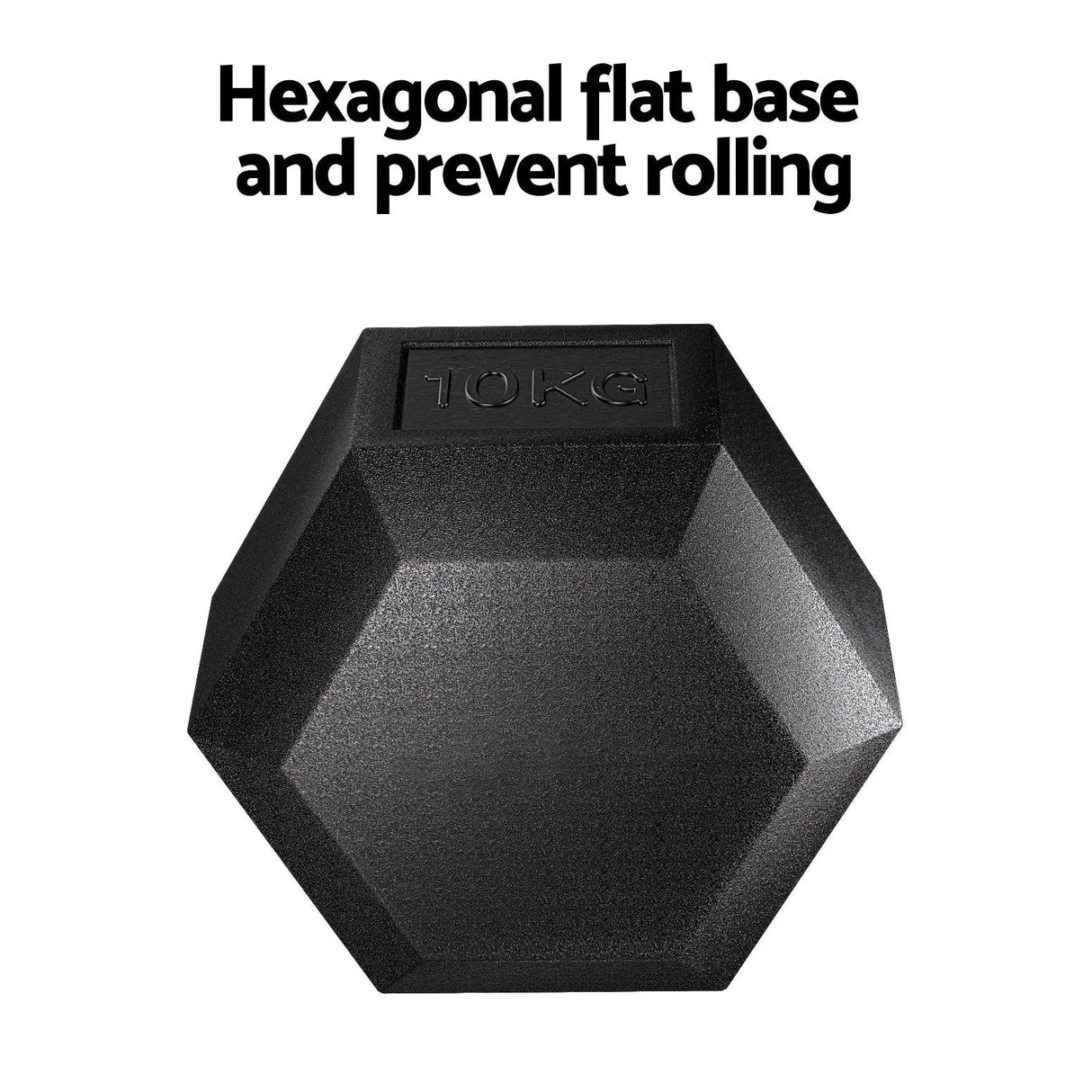 Black hexagonal 10kg dumbbell with flat base, prevents rolling, isolated on white background