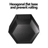 Black hexagonal 10kg dumbbell with flat base, prevents rolling, isolated on white background