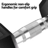 Close-up of hex dumbbell with ergonomic non-slip knurled handle for secure grip