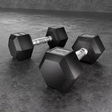 Pair of 10kg hex dumbbells with black rubber coating on a gym floor