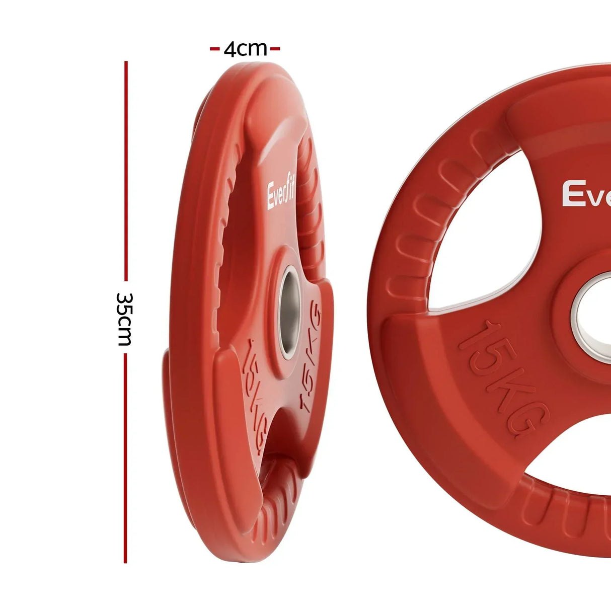 Red 15kg weight plate with handles, 35cm diameter and 4cm thickness, close-up view