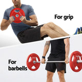Man using red Everfit 15kg weight plate for grip exercises and on a barbell for strength training