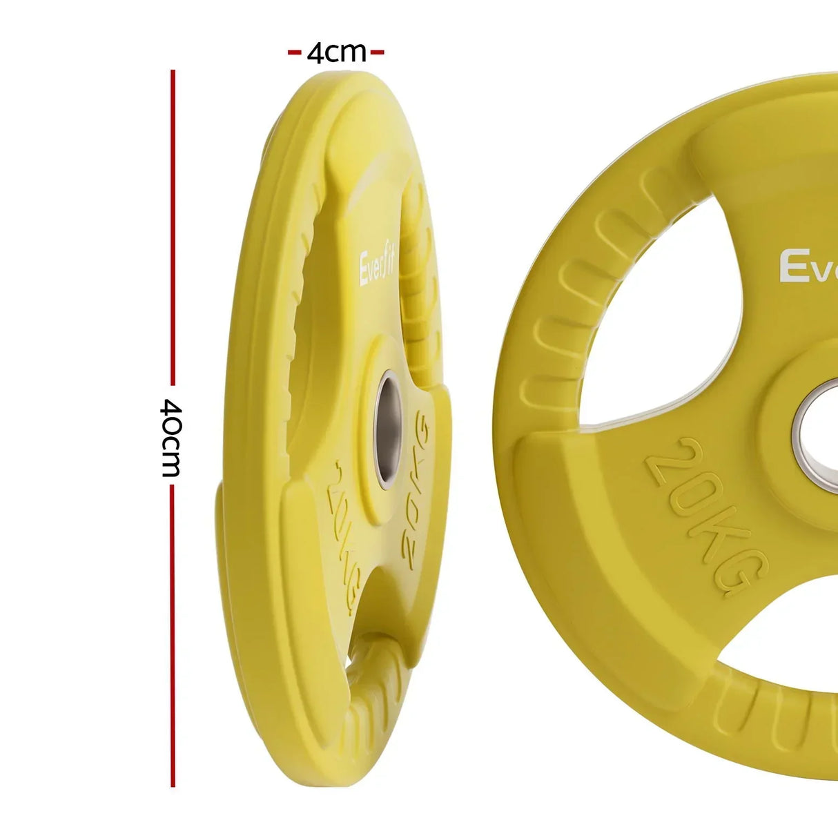 Yellow 20kg weight plate with handles, 40cm diameter, 4cm thickness, gym equipment