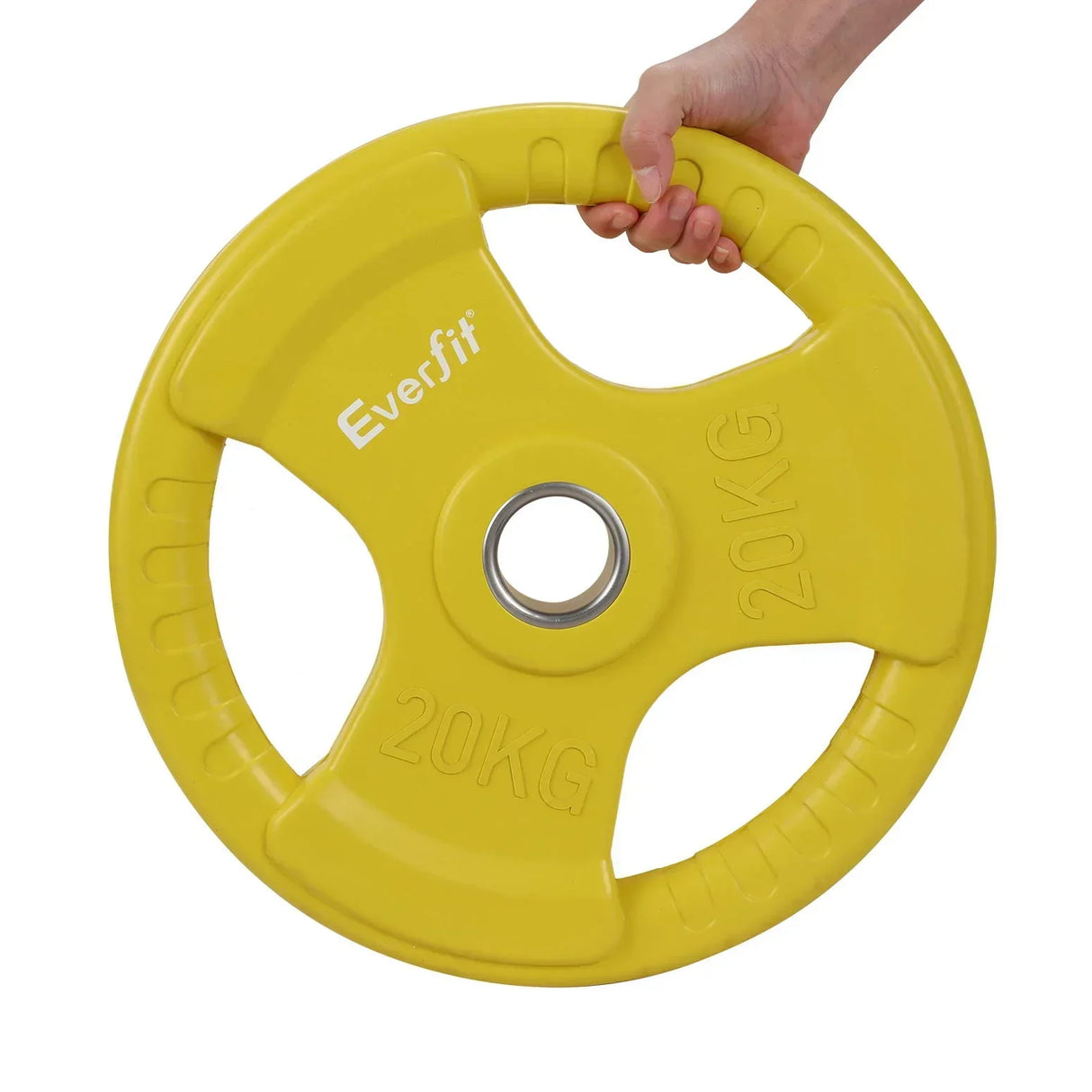 Yellow 20kg Everfit weight plate with hand grip, held by a person