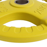 Yellow 20kg weight plate with grip handles for gym and strength training