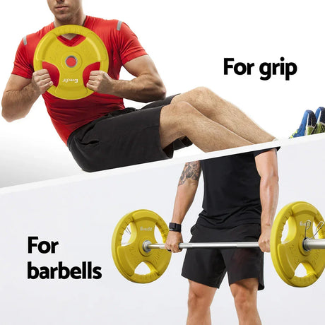 Man using yellow 20kg weight plate for exercise, suitable for barbells or grip workouts