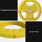 Yellow 20kg weight plate with 40cm diameter, 5cm center hole, and textured grip, suitable for most bars.