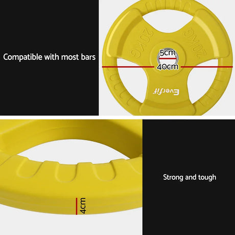 Yellow 20kg weight plate with 40cm diameter, 5cm center hole, and textured grip, suitable for most bars.