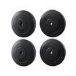 Set of four black barbell weight plates, two 5kg and two 10kg, on white background
