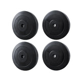 Set of four black barbell weight plates, two 5kg and two 10kg, on white background