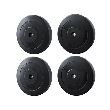 Set of four black barbell weight plates, two 5kg and two 10kg, on white background