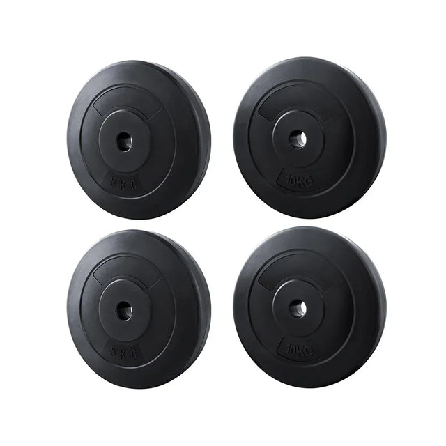 Set of four black barbell weight plates, two 5kg and two 10kg, on white background