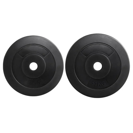Pair of black rubber weight plates, 5kg and 10kg, with round center holes