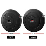 Black 5kg and 10kg weight plates with measurements for gym and strength training
