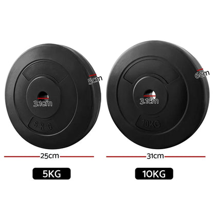Black 5kg and 10kg weight plates with measurements for gym and strength training