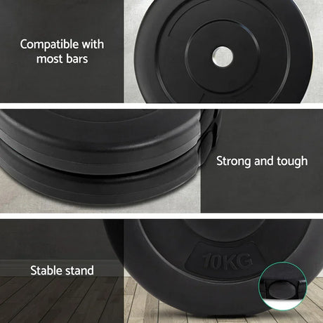 Black 10kg weight plate, compatible with most bars, strong, durable, stable stand on floor.