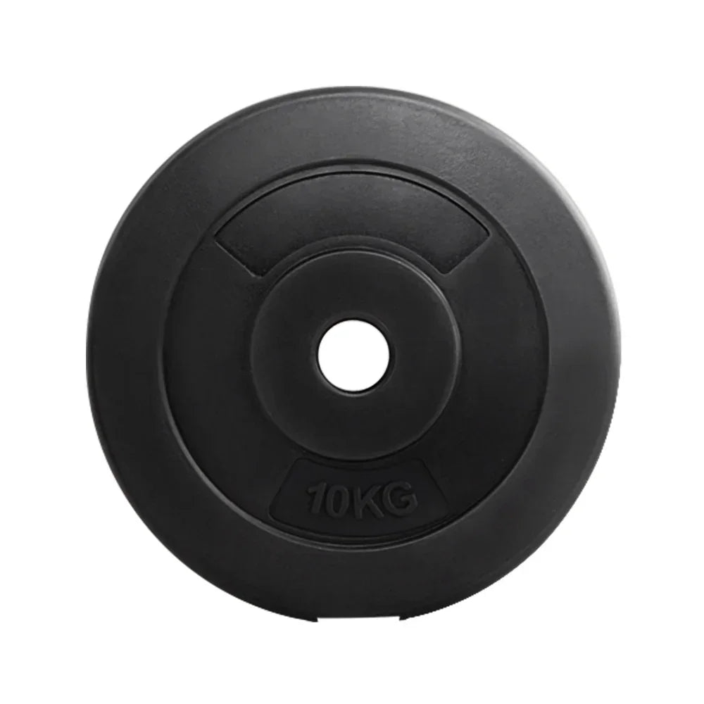 Black 10kg weight plate for gym, round design with central hole, isolated on white background