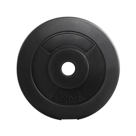 Black 10kg weight plate for gym, round design with central hole, isolated on white background