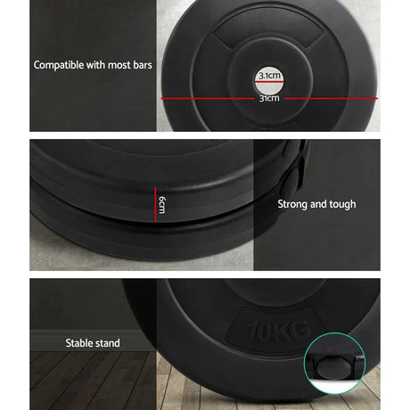 10kg black weight plate with 31cm diameter, 3.1cm hole, 6cm thickness, durable and stable