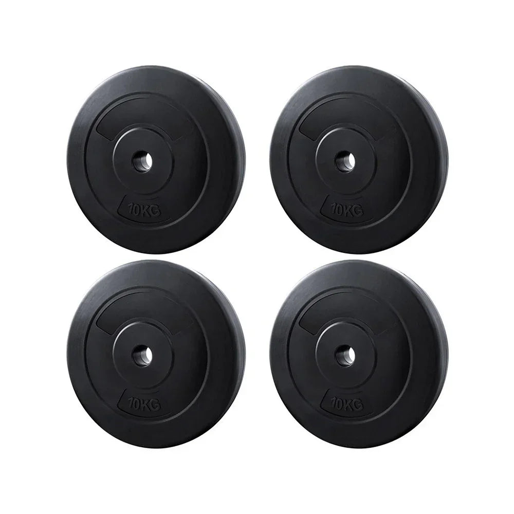 Set of four black 10kg weight plates for gym or home fitness equipment