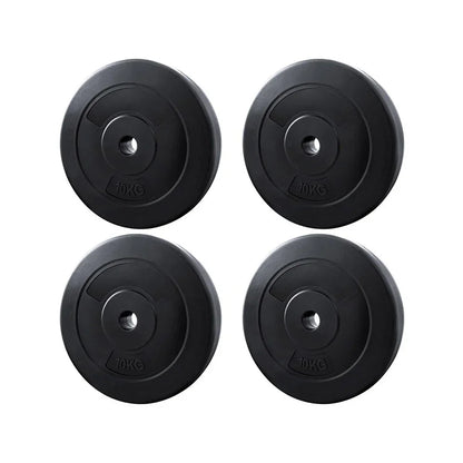 Set of four black 10kg weight plates for gym or home fitness equipment