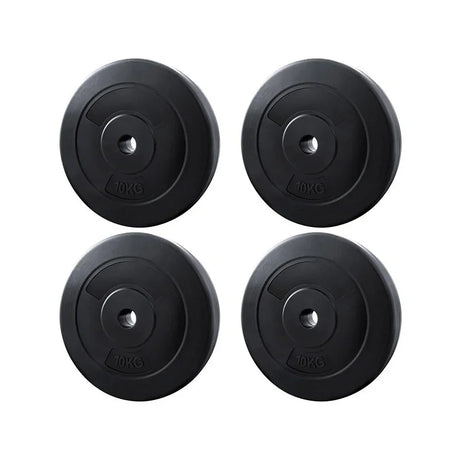 Set of four black 10kg weight plates for gym or home fitness equipment