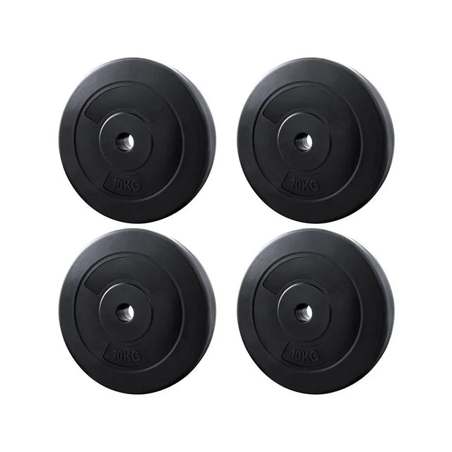 Set of four black 10kg weight plates for gym or home fitness equipment