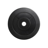 Black 10kg rubber barbell weight plate with central hole on white background
