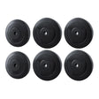 Set of six black weight plates with 5kg and 10kg markings for gym or home fitness