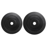 Pair of black rubber-coated weight plates, 5kg and 10kg, for gym or fitness equipment