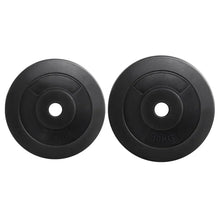 Pair of black rubber-coated weight plates, 5kg and 10kg, for gym or fitness equipment