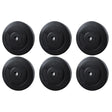 Set of six black 10kg weight plates arranged in two rows, gym equipment on white background