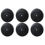 Set of six black 10kg weight plates arranged in two rows, gym equipment on white background