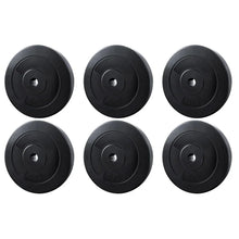 Set of six black 10kg weight plates arranged in two rows, gym equipment on white background