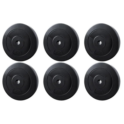 Set of six black 10kg weight plates arranged in two rows, gym equipment on white background