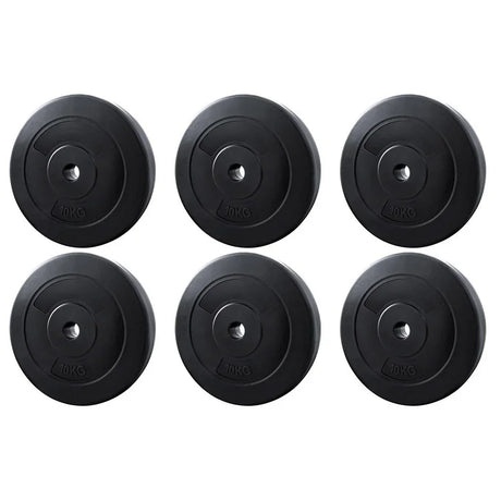 Set of six black 10kg weight plates arranged in two rows, gym equipment on white background