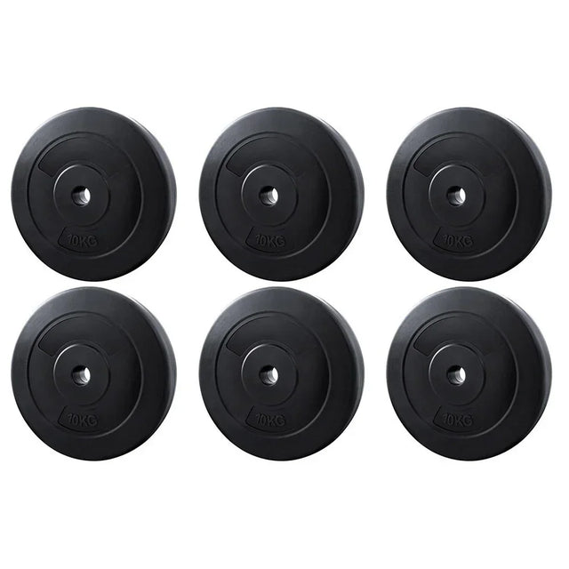 Set of six black 10kg weight plates arranged in two rows, gym equipment on white background