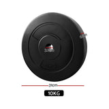 10kg black weight plate with 31cm diameter, 6cm thickness, and 3.1cm center hole