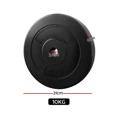 10kg black weight plate with 31cm diameter, 6cm thickness, and 3.1cm center hole