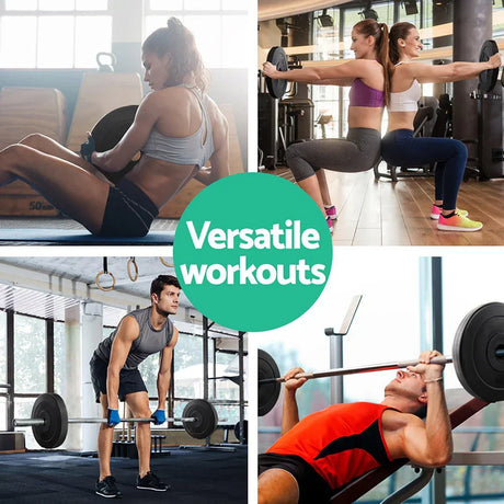 People performing various gym workouts with barbells and weight plates, showcasing fitness versatility.