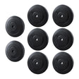 Set of eight black weight plates, 5kg and 10kg, for home gym or barbell training