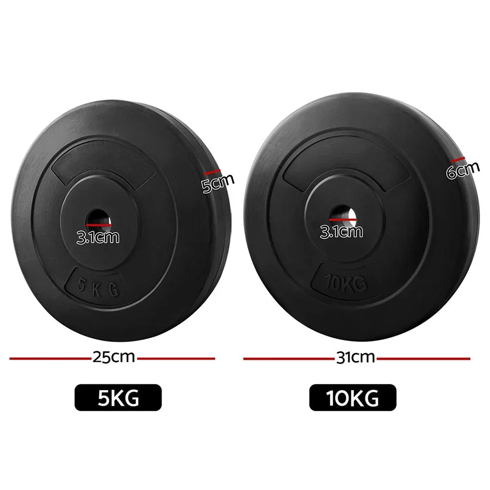5kg and 10kg black weight plates side by side with diameter and thickness measurements shown.