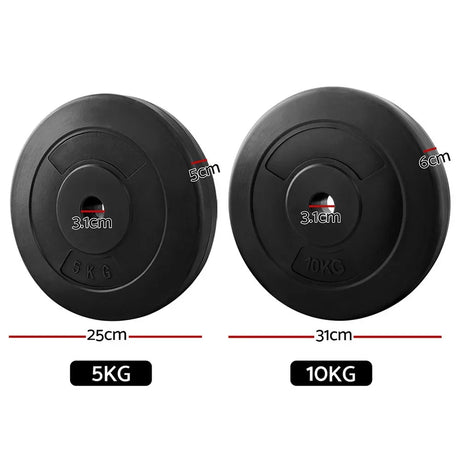 5kg and 10kg black weight plates side by side with diameter and thickness measurements shown.
