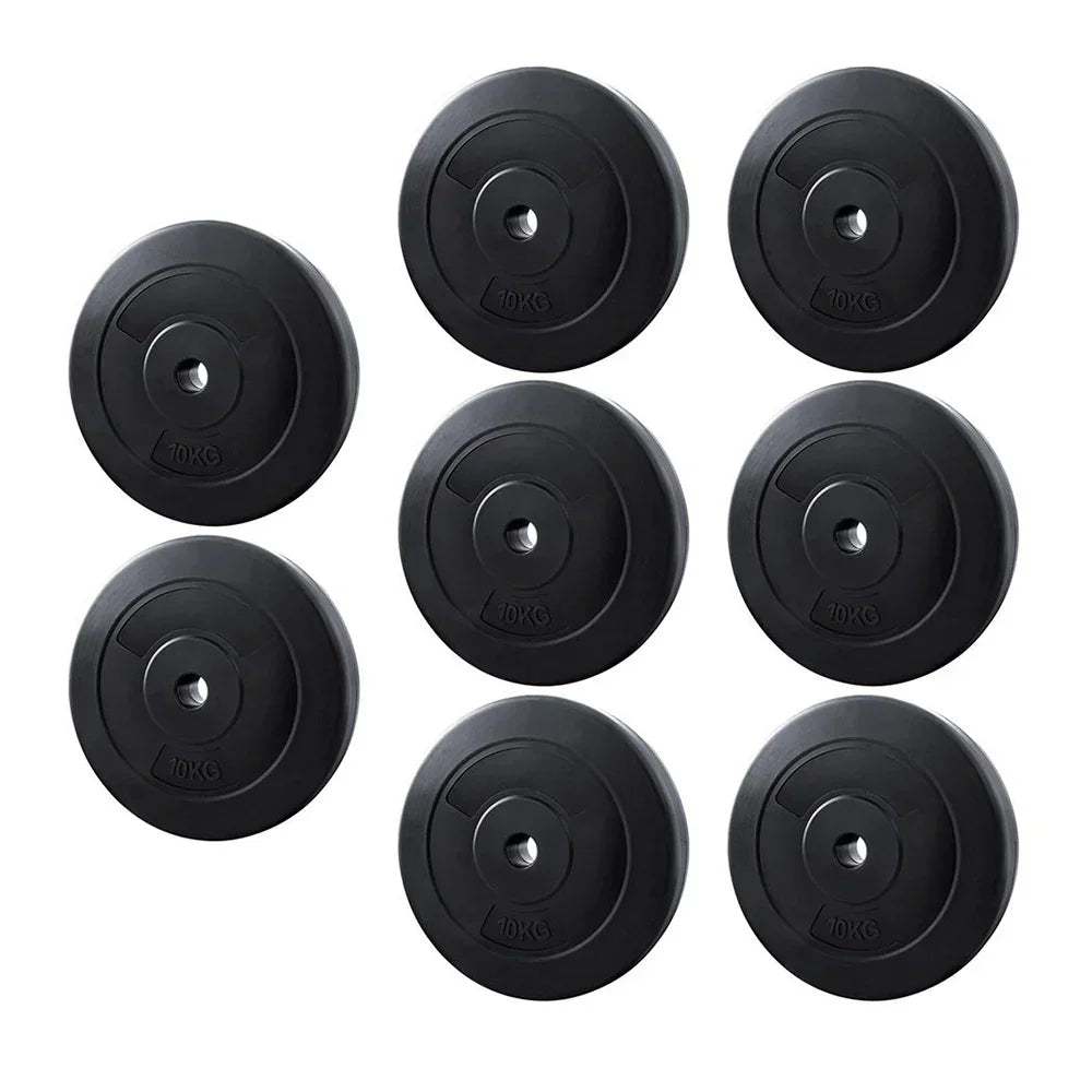 Set of eight black 10kg weight plates for home gym and fitness equipment