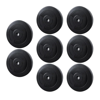 Set of eight black 10kg weight plates for home gym and fitness equipment