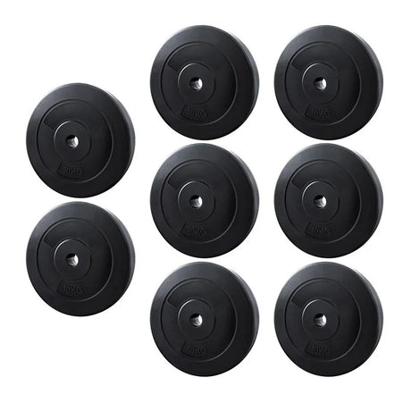 Set of eight black 10kg weight plates for home gym and fitness equipment