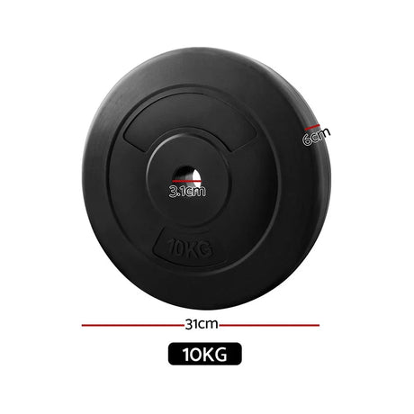 10kg black weight plate with 31cm diameter, 6cm thickness, 3.1cm center hole.