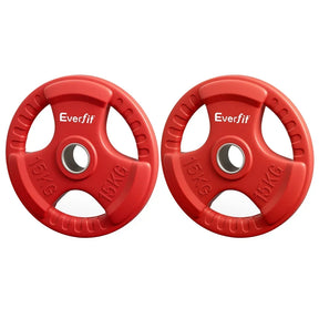 Pair of red 15kg Everfit weight plates for gym and strength training