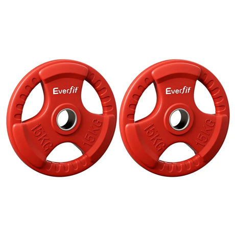 Pair of red 15kg Everfit weight plates for home gym strength training