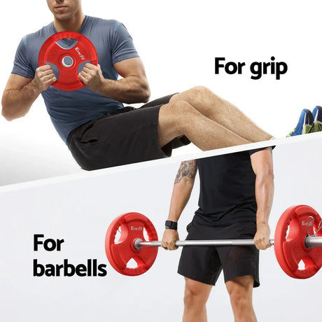 Red weight plates with handles used for grip exercises and on a barbell for lifting